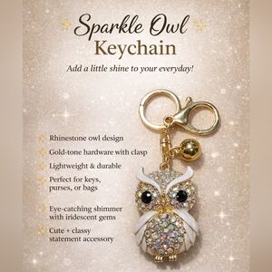 Rhinestone Owl Keychain - White & Gold Sparkle NWT!